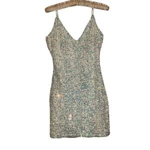 Windsor White iridescent Sequin Spaghetti Strap Mini Bodycon Dress Ladies Small
